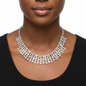 Vintage Brutalist Silver Tone Textured Ladder Bib Statement Necklace Modernist